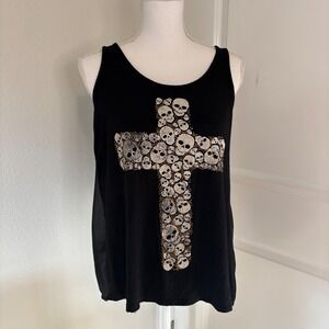 Occasion Womens Skull Cross Studded Tank Top Black Sheer Split Back Large Goth